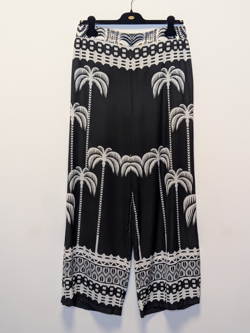 Rose + Olive Palm Print Wide Leg Pants Black White Resort Coastal Boho M